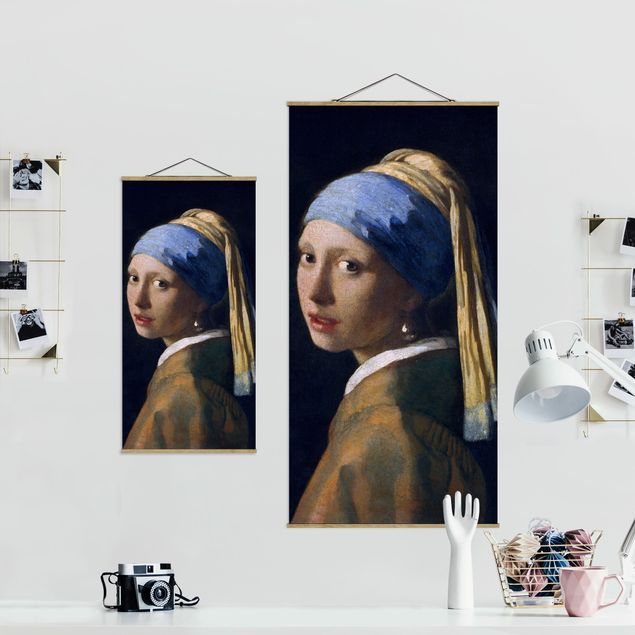 Stoffbild mit Posterleisten - Jan Vermeer van Delft - Das Mädchen mit dem Perlenohrgehänge - Hochformat 1:2