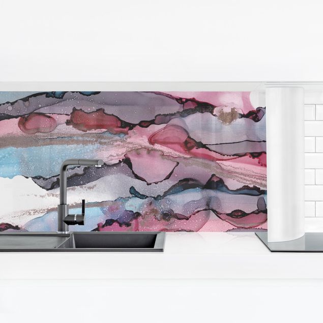 Glasrückwand Küche Muster Wellenreiten in Violett mit Roségold