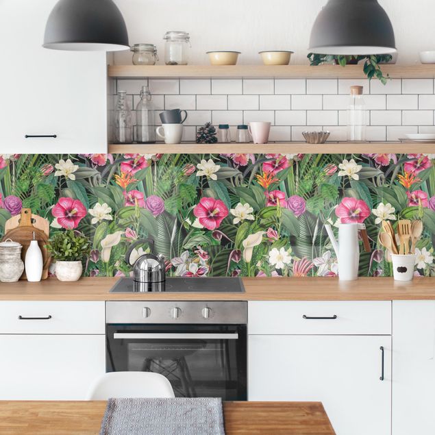 Glasrückwand Küche Blumen Bunte tropische Blumen Collage