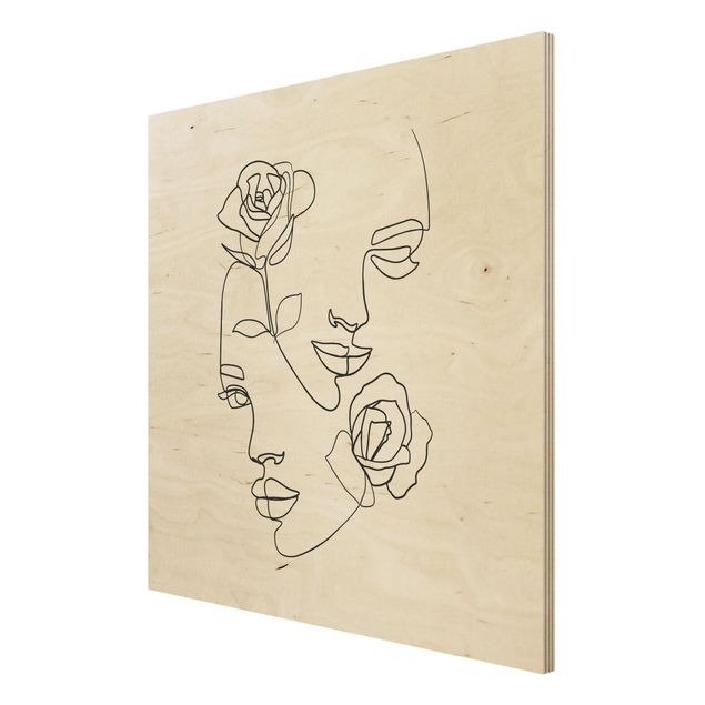 Holzbild - Line Art Gesichter Frauen Rosen Schwarz Weiß - Quadrat 1:1