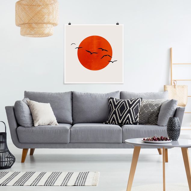 Kunstdrucke Poster Vogelschwarm vor roter Sonne I