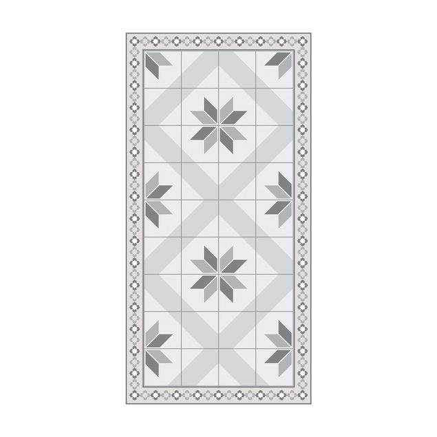 Teppich modern Geometrische Fliesen Rautenblüte Grau mit schmaler Bordüre
