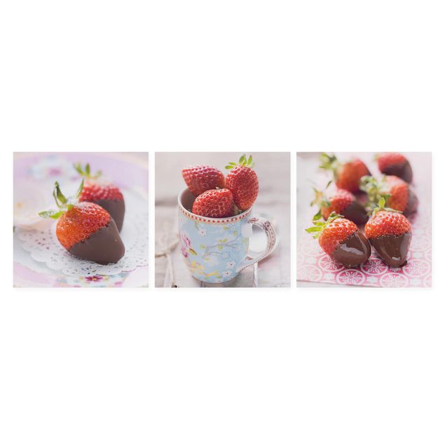 Leinwandbild 3-teilig - Erdbeeren im Schokomantel Vintage - Quadrate 1:1