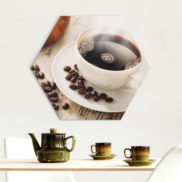 Wandbilder Dampfende Kaffeetasse mit Kaffeebohnen