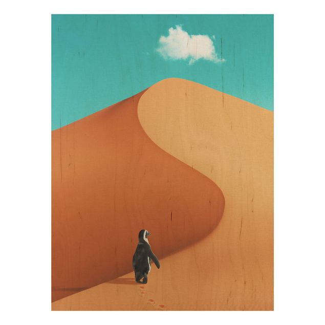 Holzbilder modern Wüste mit Pinguin