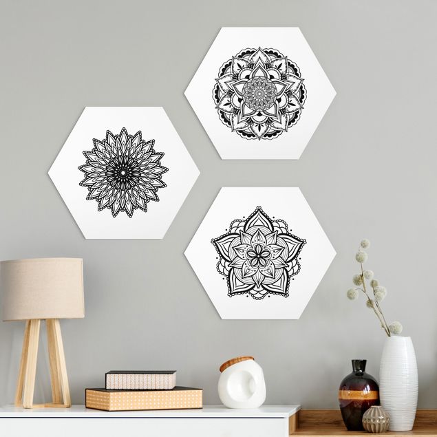 Bilder für die Wand Mandala Blüte Sonne Illustration Set Schwarz Weiß
