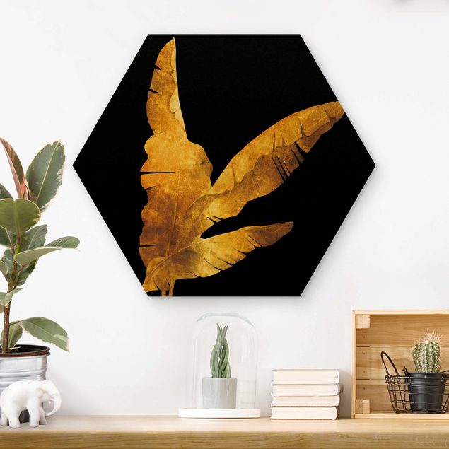 Moderne Holzbilder Gold - Bananenpalme auf Schwarz
