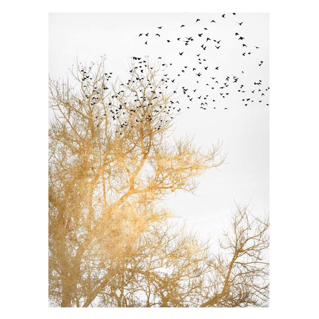 Magnettafel Büro Vogelschwarm vor goldenem Baum