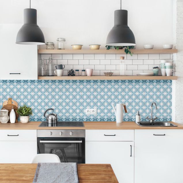 Küchenrückwand Muster Geometrischer Fliesenmix Herzen Blaugrau