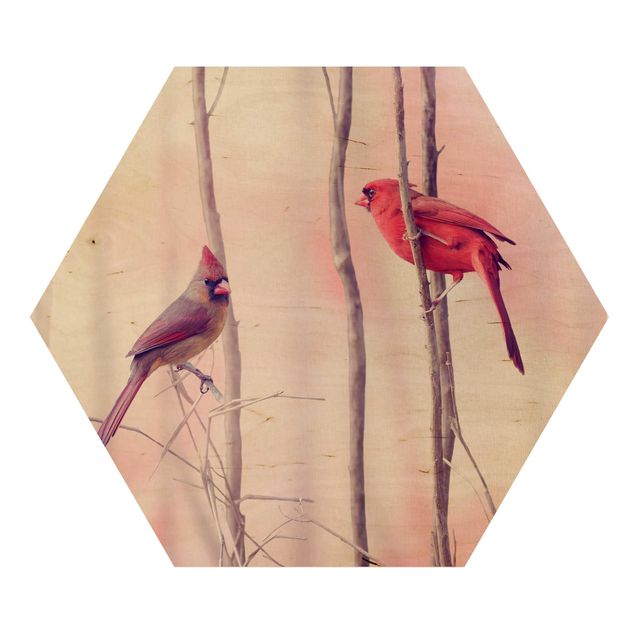 Hexagon Bild Holz - Vögel auf Zweigen