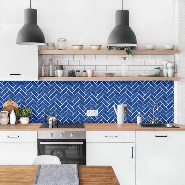 Küchenrückwand einfarbig Fischgräten Fliesen - Blau