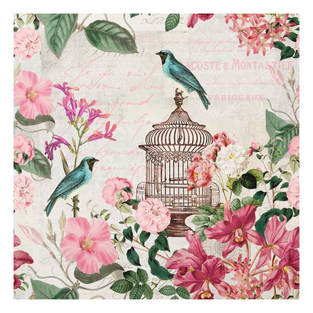 Forex Bilder Shabby Chic Collage - Rosa Blüten und blaue Vögel