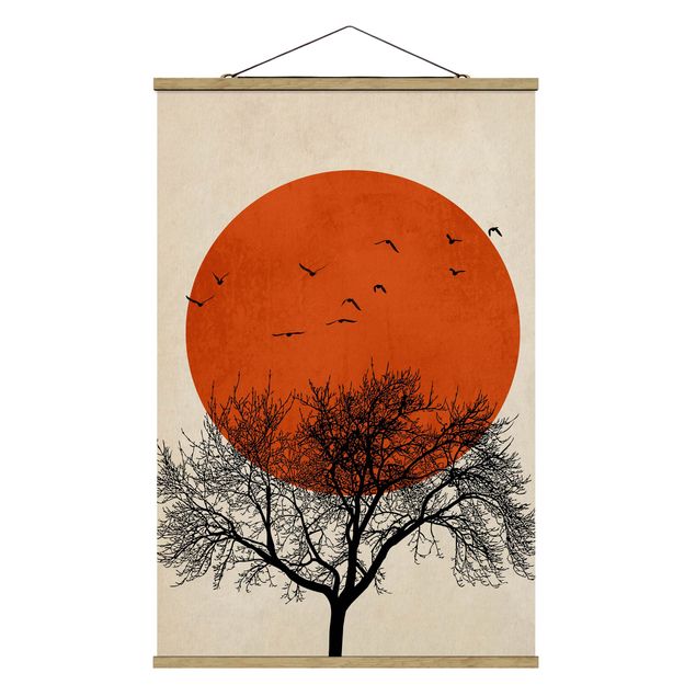 Stoffbild mit Posterleisten - Vogelschwarm vor roter Sonne II - Hochformat 2:3