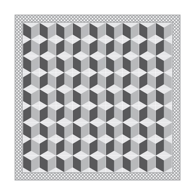 Teppich modern Geometrische Fliesen Stufenillusion in Grau mit Bordüre