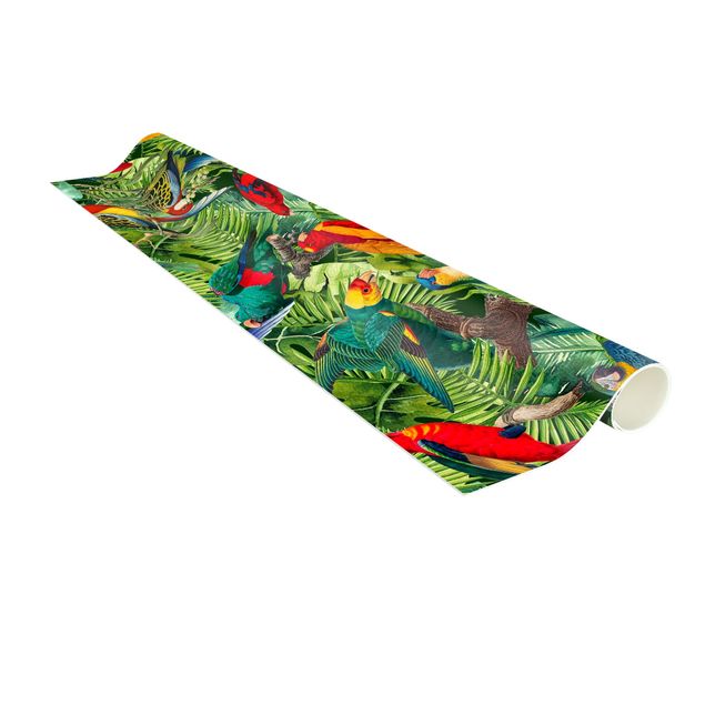 Teppich modern Bunte Collage - Papageien im Dschungel