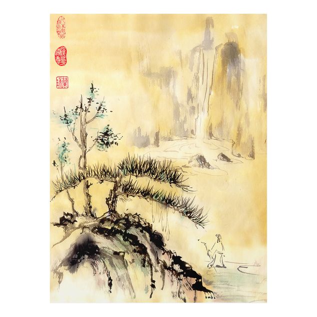 Bilder für die Wand Japanische Aquarell Zeichnung Zedern und Berge