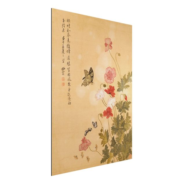 Aluminium Print gebürstet - Yuanyu Ma - Mohnblumen und Schmetterlinge - Hochformat 4:3