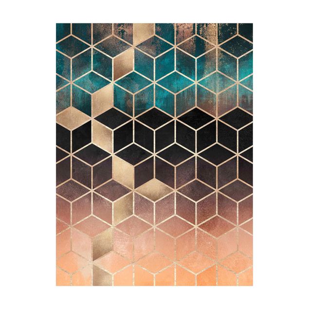 Teppich 3D Motiv Türkis Rosé goldene Geometrie