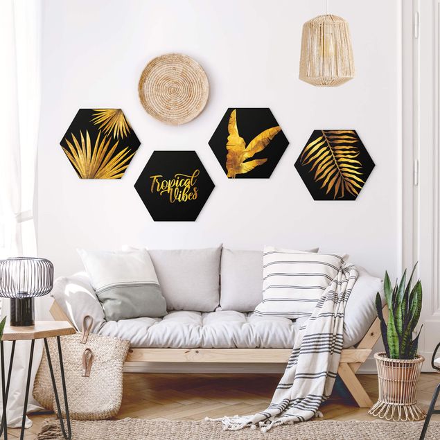 Bilder Hexagon Gold - Tropical Vibes auf Schwarz Set II