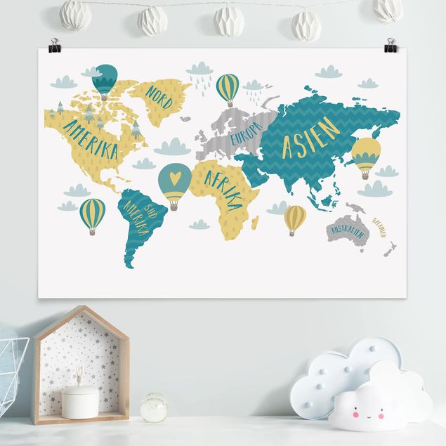 Poster Illustration Weltkarte mit Heißluftballon