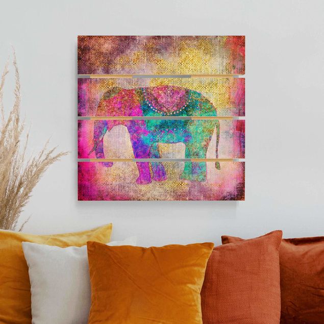 Moderne Holzbilder Bunte Collage - Indischer Elefant