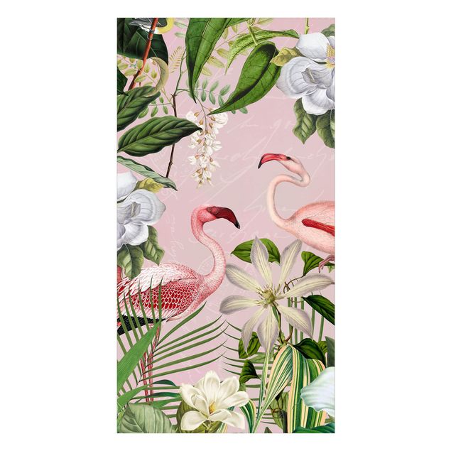 Duschrückwand - Tropische Flamingos mit Pflanzen in Rosa