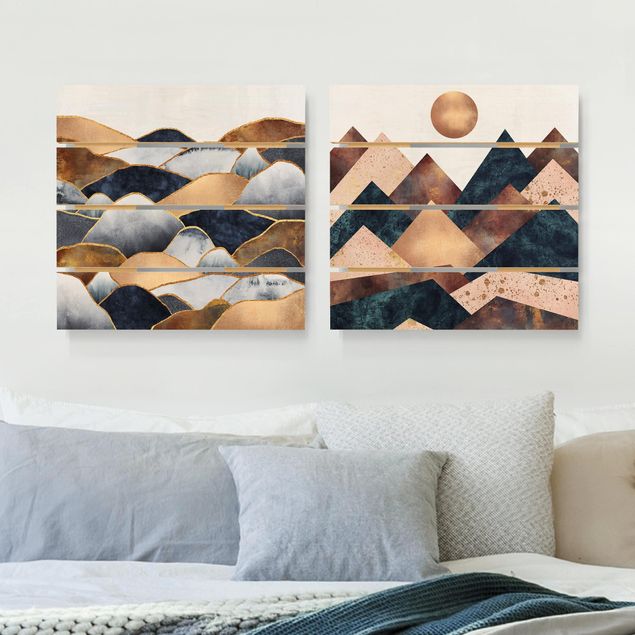 Abstrakte Kunst Geometrische & Goldene Berge Aquarell