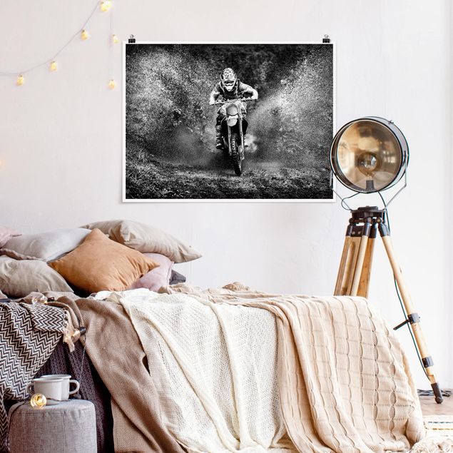 Wandposter Schwarz-Weiß Motocross im Schlamm