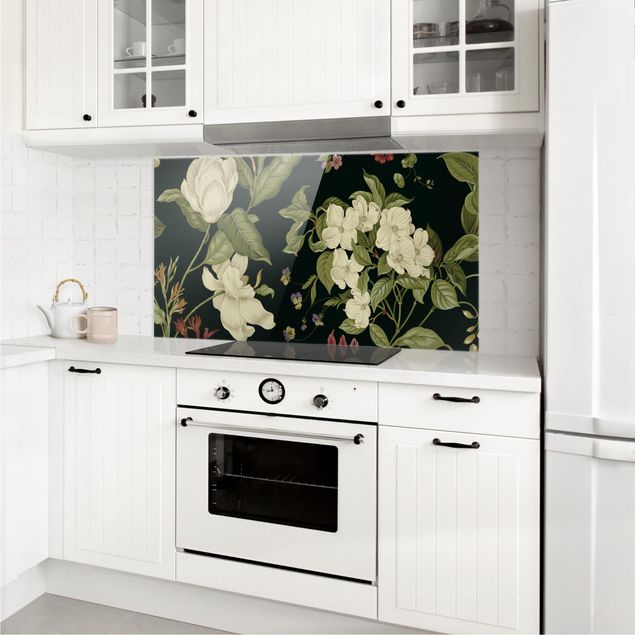 Küchenrückwand Glas Motiv Blumen Gartenblumen auf Schwarz I
