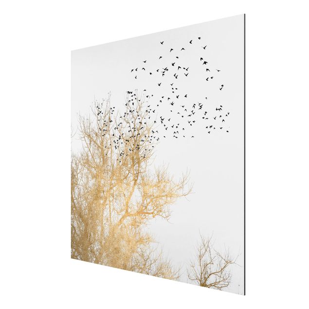 Alu Dibond Bilder Vogelschwarm vor goldenem Baum