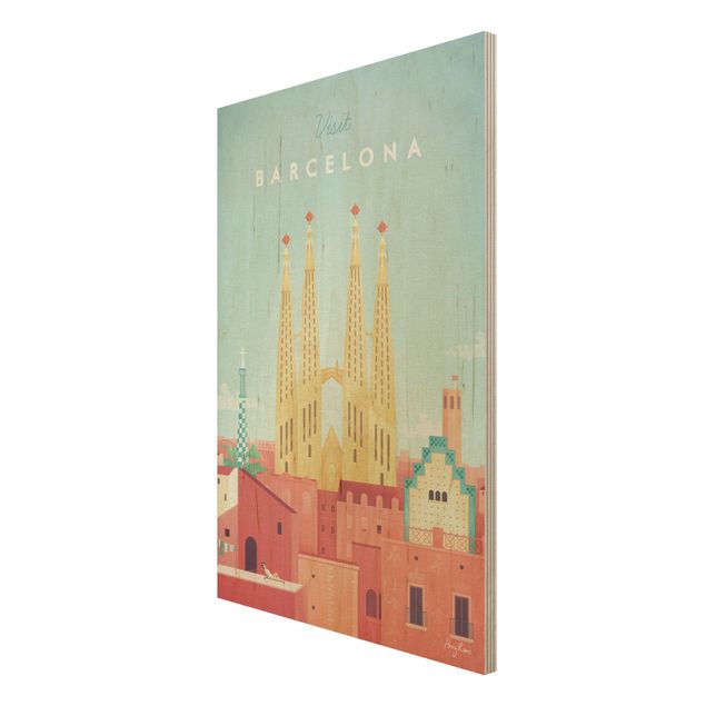 Holzbild Skyline Reiseposter - Barcelona