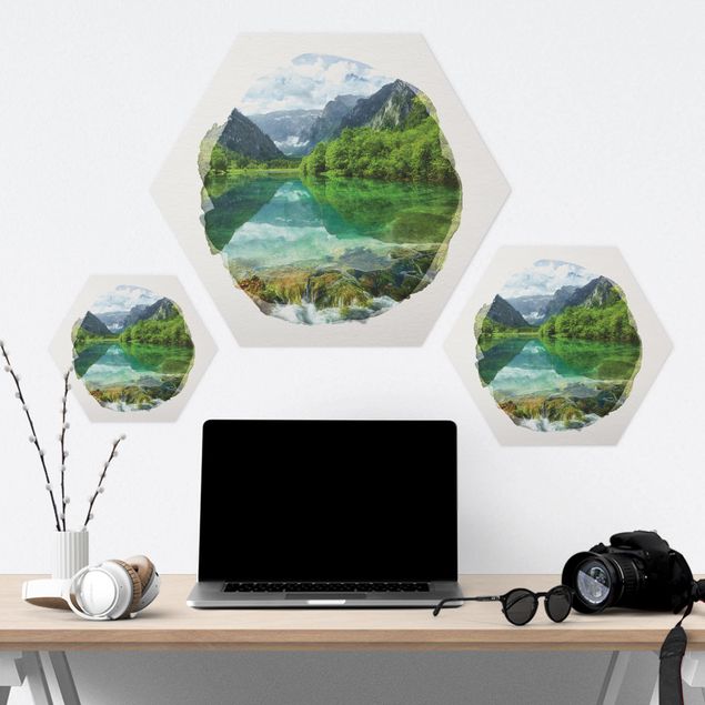 Hexagon Bild Forex - Wasserfarben - Bergsee mit Spiegelung