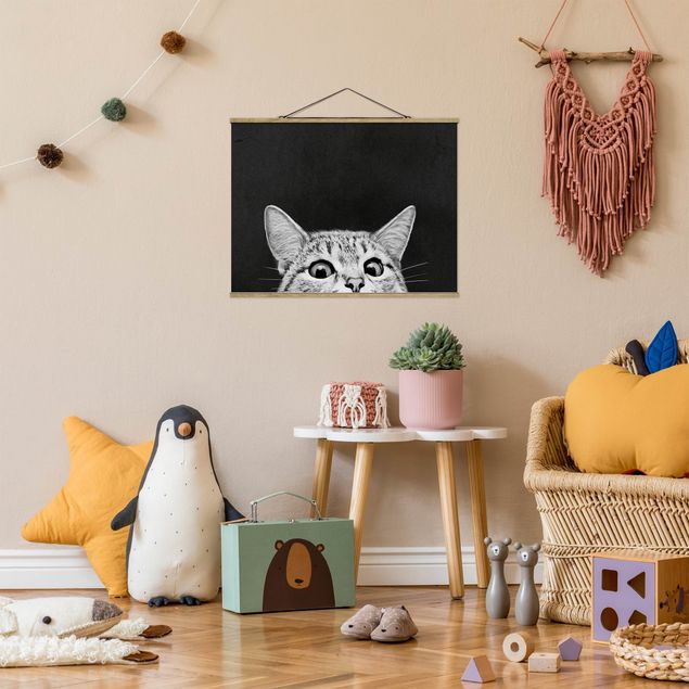Stoffbilder mit Holzleisten Illustration Katze Schwarz Weiß Zeichnung