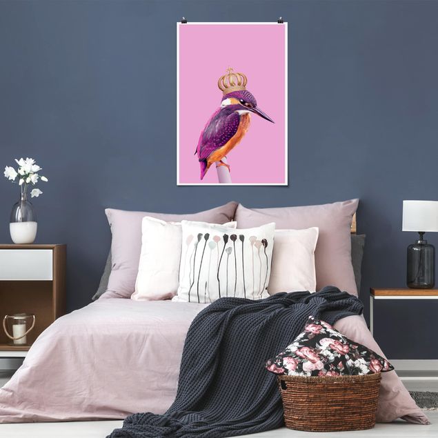 Poster Kinderzimmer Tiere Rosa Eisvogel mit Krone