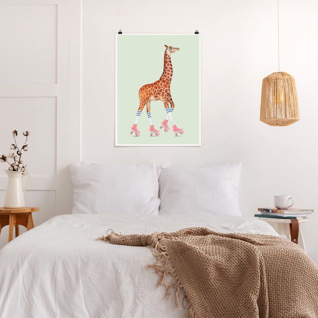 Poster Kinderzimmer Tiere Giraffe mit Rollschuhen