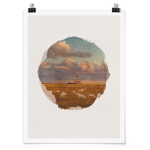 Poster - Wasserfarben - Nordsee Leuchtturm mit Schafsherde - Hochformat 4:3