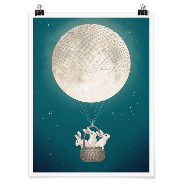 Poster Tiere Illustration Hasen Mond-Heißluftballon Sternenhimmel