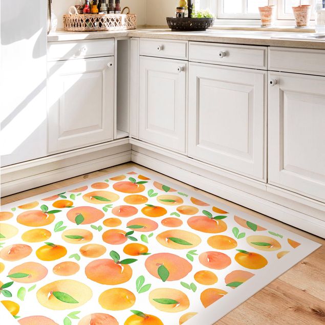 Teppiche Aquarell Orangen mit Blättern in weißem Rahmen