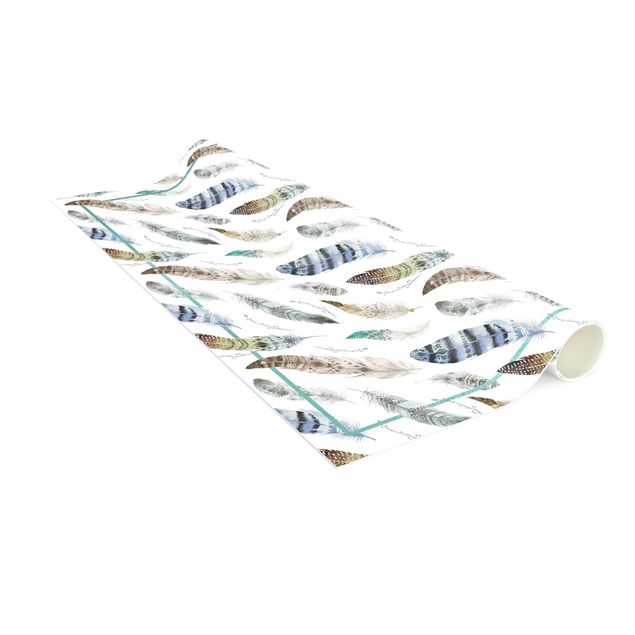 Moderner Teppich Boho Aquarell Federn in Erdtönen mit Rahmen