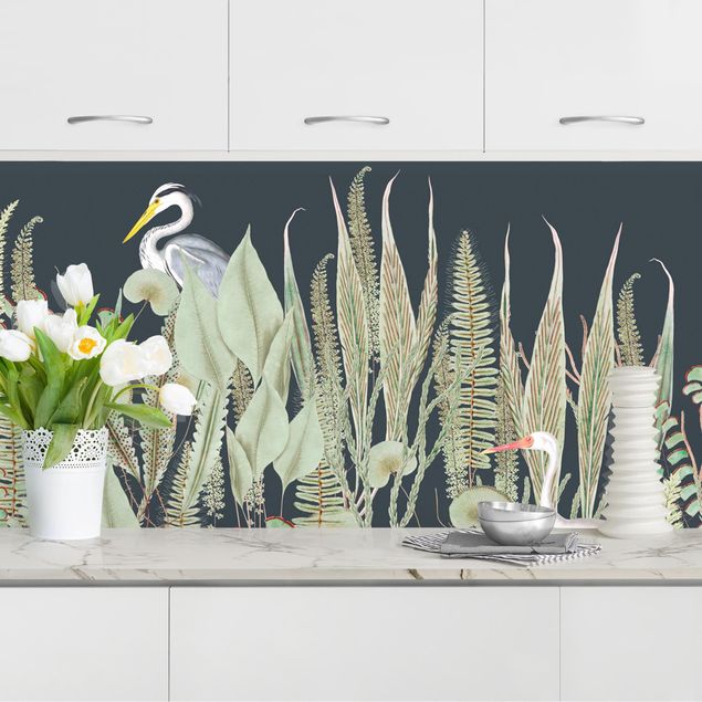 Küchenrückwände Platte Flamingo und Storch mit Pflanzen auf Grün