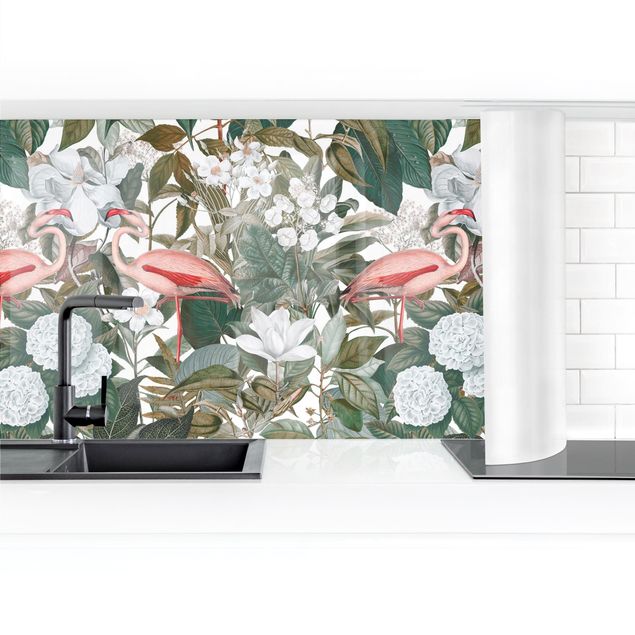 Küchenrückwand Glas Blumen Rosa Flamingos mit Blättern und weißen Blumen II