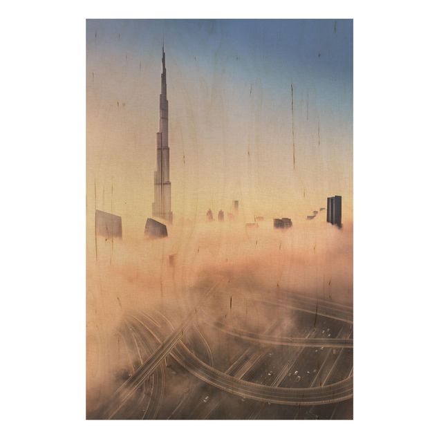 Moderne Holzbilder Himmlische Skyline von Dubai
