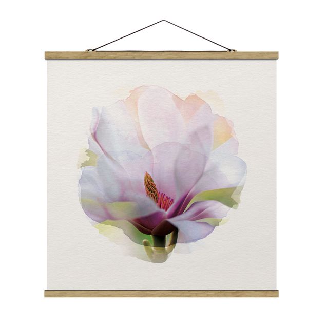 Stoffbild mit Posterleisten - Wasserfarben - Zarte Magnolienblüte - Quadrat 1:1