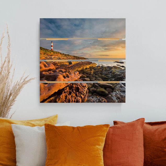 Holzbilder maritim Tarbat Ness Leuchtturm und Sonnenuntergang am Meer