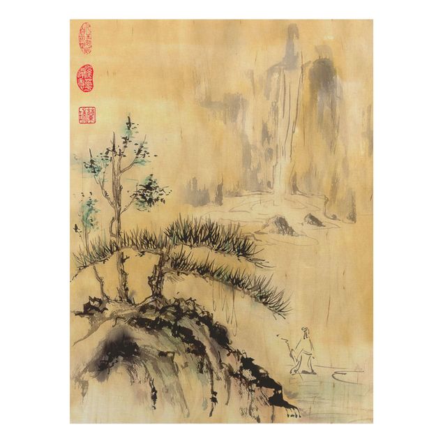 Holzbilder Landschaften Japanische Aquarell Zeichnung Zedern und Berge