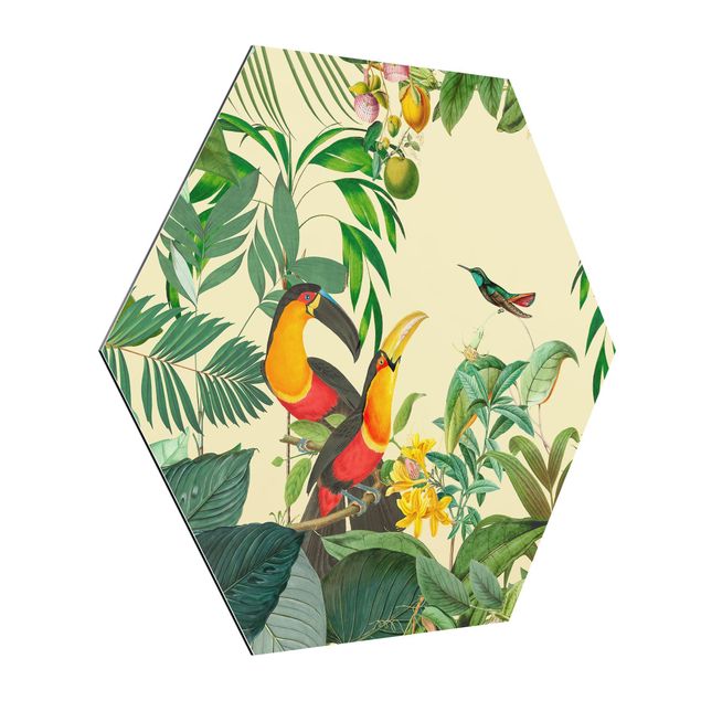 Hexagon Bild Alu-Dibond - Vintage Collage - Vögel im Dschungel