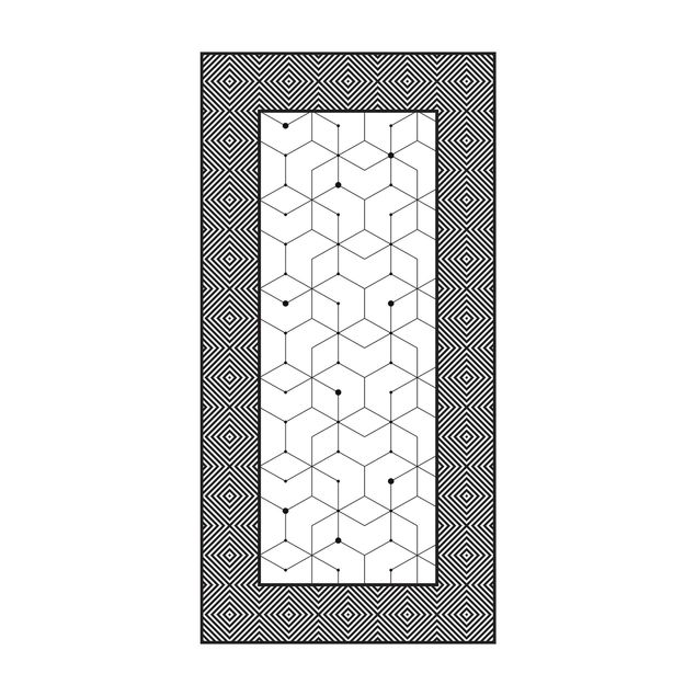 Moderne Teppiche Geometrische Fliesen Punktlinien Schwarz Weiß mit Bordüre