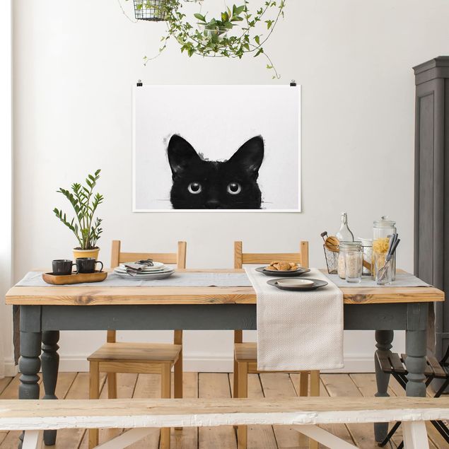 Poster - Illustration Schwarze Katze auf Weiß Malerei - Querformat 3:4