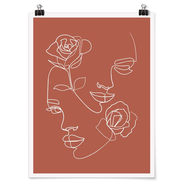 Poster Kunstdruck Line Art Gesichter Frauen Rosen Kupfer
