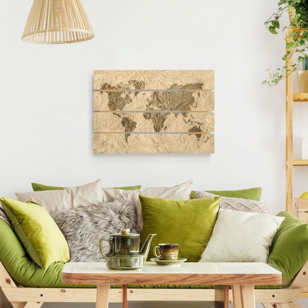 Wandbild Holz Papier Weltkarte Beige Braun